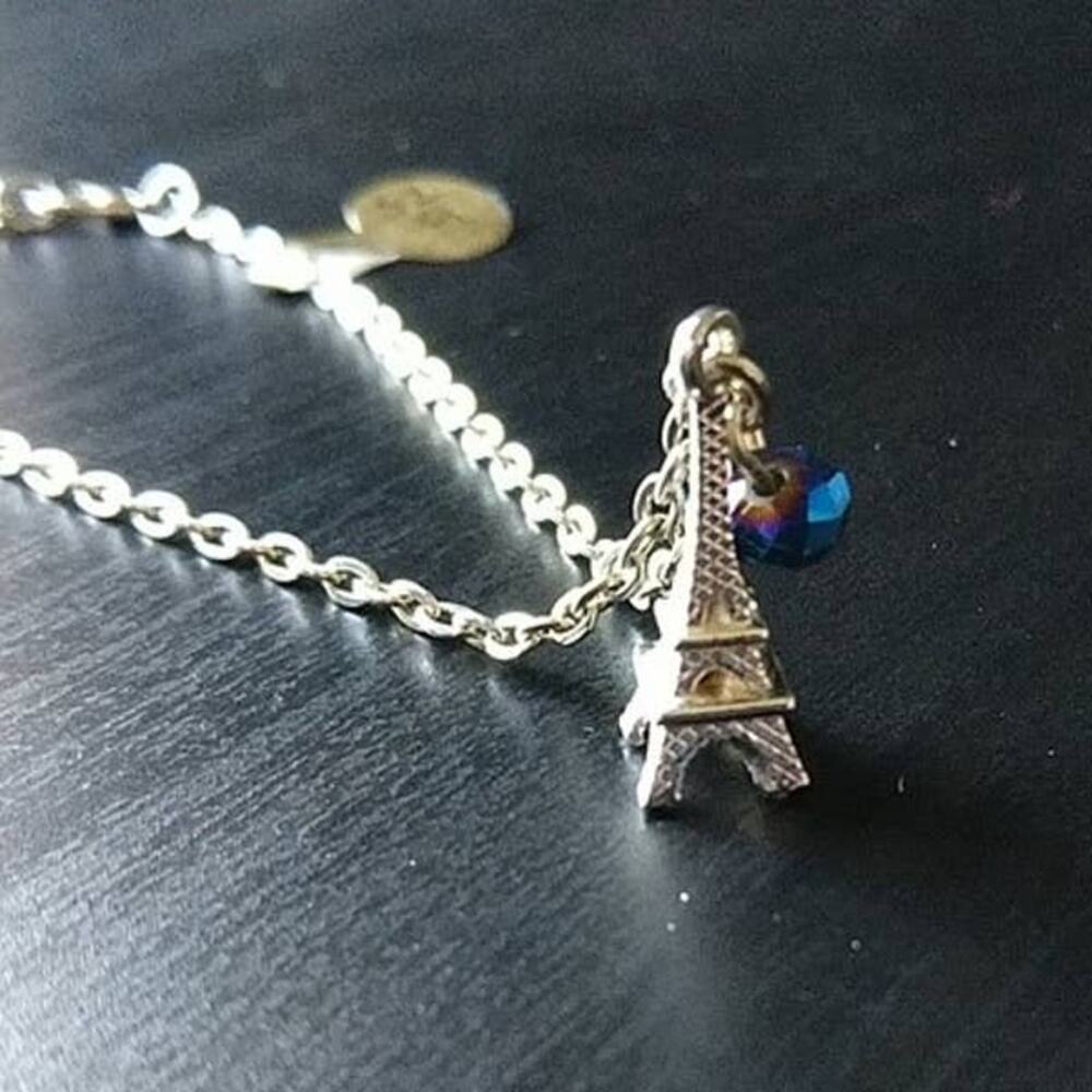 Anklet Eiffel Tower blue iridescent bead 9" silver new old stock fashion jewelry